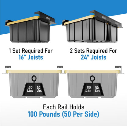 USA Based Overhead Garage Storage Rack, Connectable Heavy Duty Metal Ceiling Rails Garage Storage Organization Shelving System, Hanging Racks Tote Containers, Supports Up To 6 Bins, 4 Sets Black