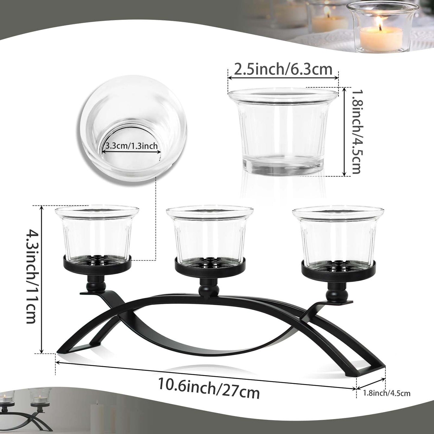 3-Arm Metal Tea Light Candle Holder Set with 5 Glass Cups, Votive Candle Holders Centerpiece Candelabra for Wedding Table Decor, Home Gatherings and Holidays (Black, 5 Cups)