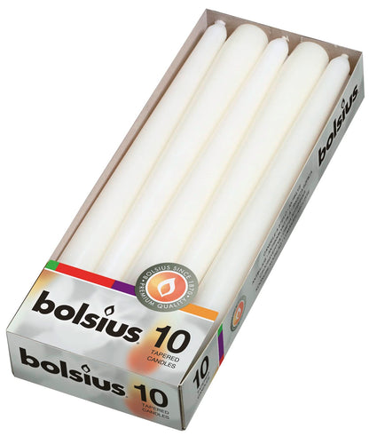 Bolsius Tapered Dinner Candles - White - Pack of 10 - 3.9x9.8x25.2 cm - Unscented - 7,5 Burning Hours