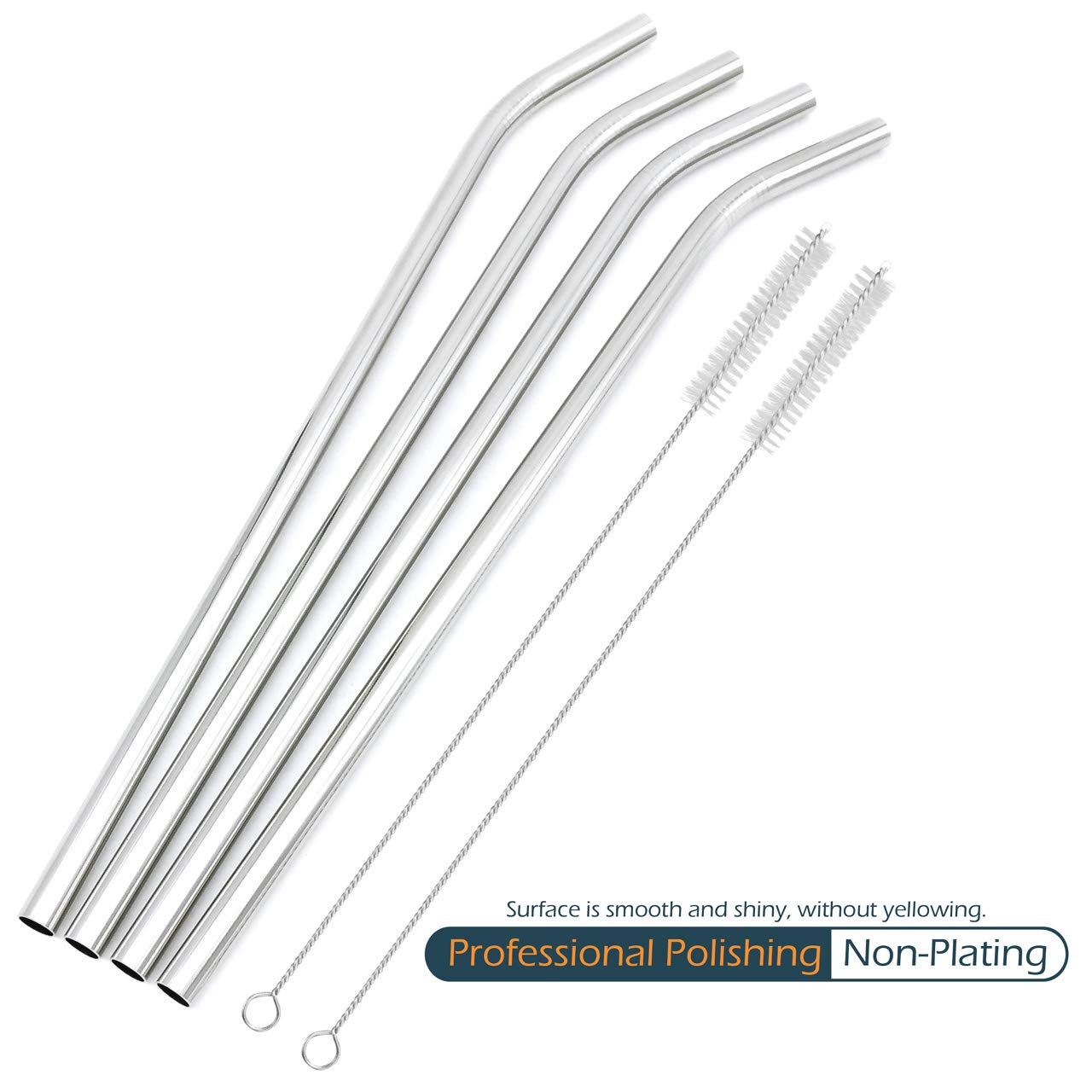 GFDesign Big Drinking Straws Reusable 12 Inches Extra Long 9mm Extra Wide SUS 304 Food-Grade 18/8 Stainless Steel - Set of 4 with 2 Cleaning Brushes - Bent