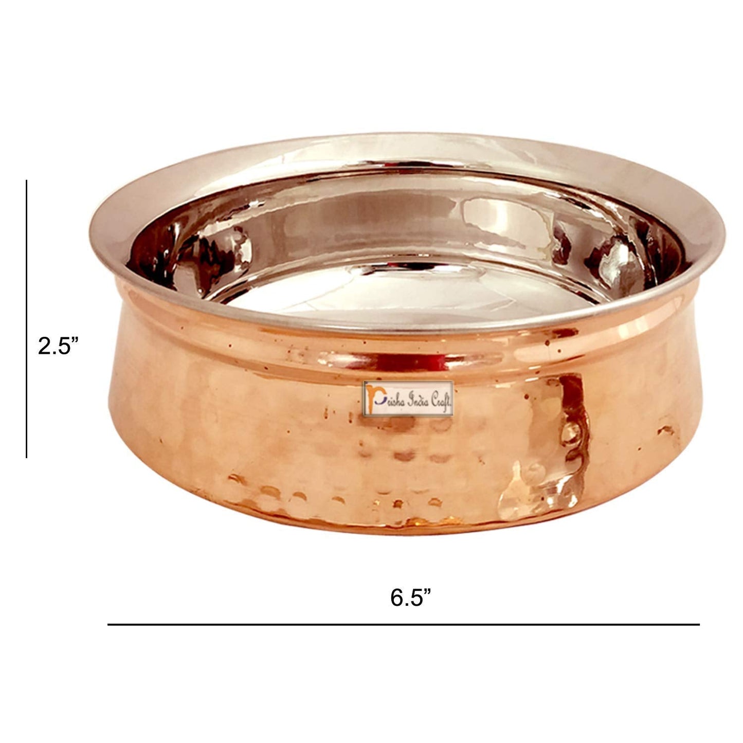 Prisha India Craft Stainless Steel Copper Handi Bowl for Serving Dishes, Serveware & Tableware | Capacity 750 ML, 3 No | Set of 2