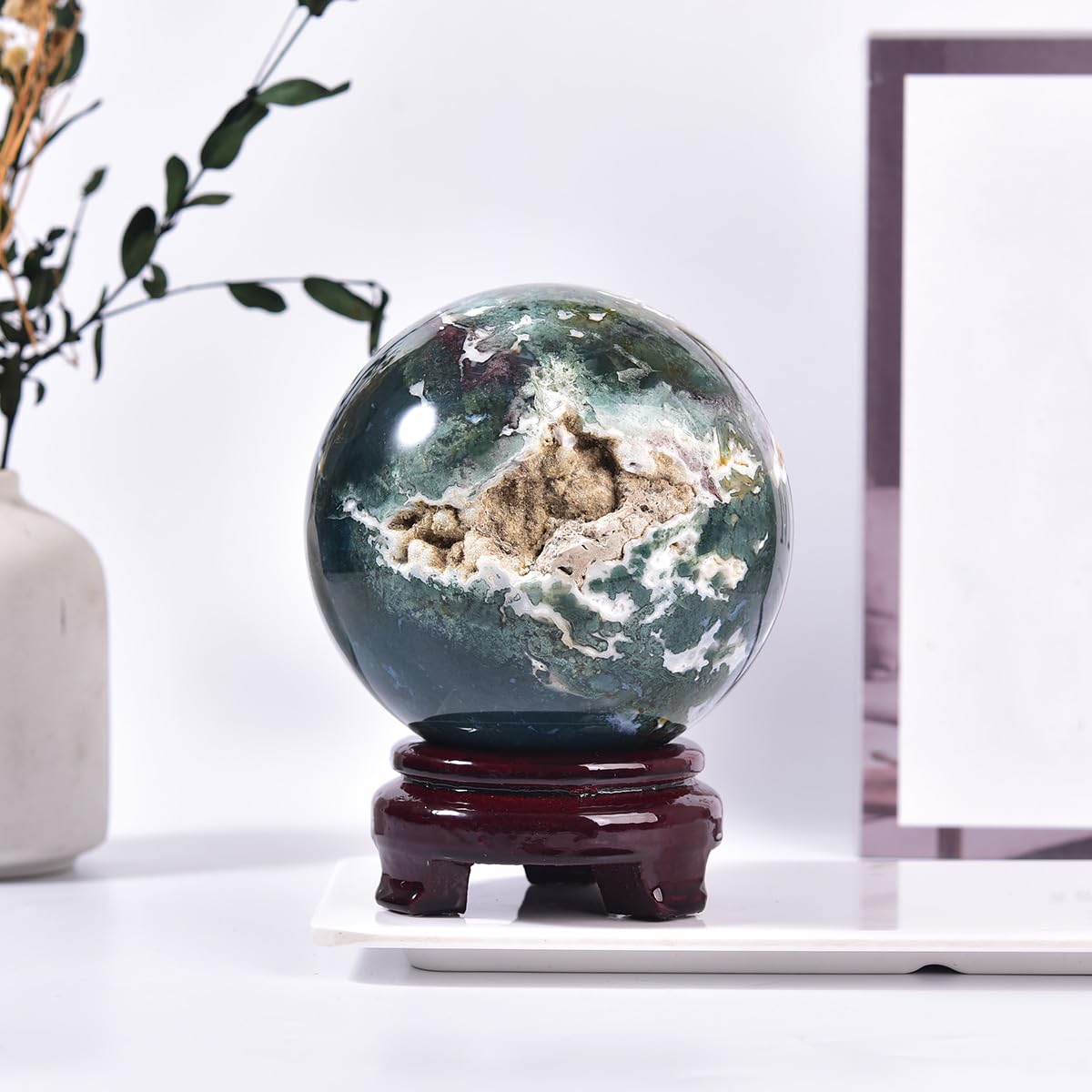 MOGEMT Large Moss Agate Crystal Sphere Natural Healing Crystal Ball with Stand Meditation Decorative Balls Home Decor 100-110mm/3.9-4.3"