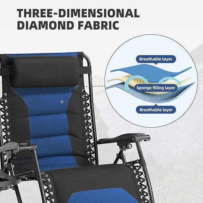 Zero Gravity Chair Set of 2 Oversized Folding Recliner, Padded Anti Gravity Lounge Chair with Adjustable Pillow & Cup Holder for Outdoor Camping, Patio, Poolside, Lawn (Black & Blue)
