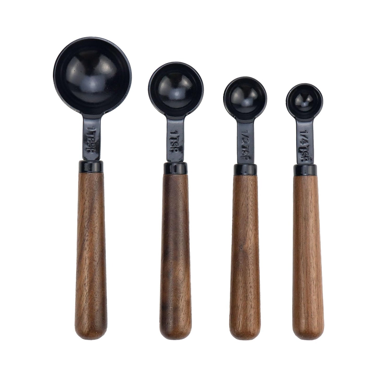 Mewutal Set of 4 Measuring Spoons Black Measuring Scoops with Wooden Handle Stainless Steel Measuring Spoons Set for Kitchen Flour Spice Seasoning Measurement (15ml+5ml+2.5ml+1.25ml)