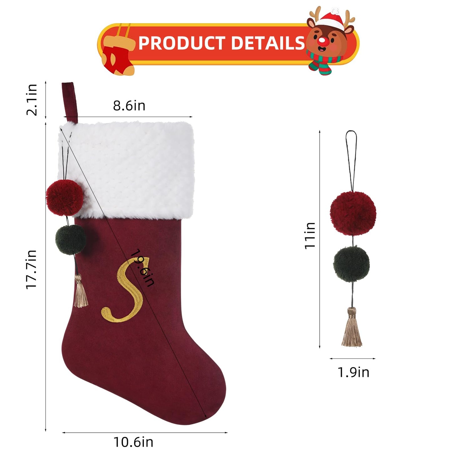Pxniy 19.5" Personalized Burgundy Christmas Stocking with Embroidered Initials- Fireplace Stockings, Family Holiday Xmas Party Decor Mom