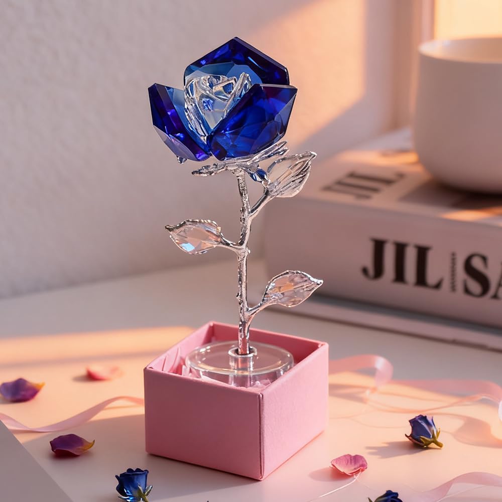 DLXK Crystal Flower Rose Figurine Faceted Glass Rose Statue Engraved Base Gift for Her Collectible Ornament Home Decor (Blue)