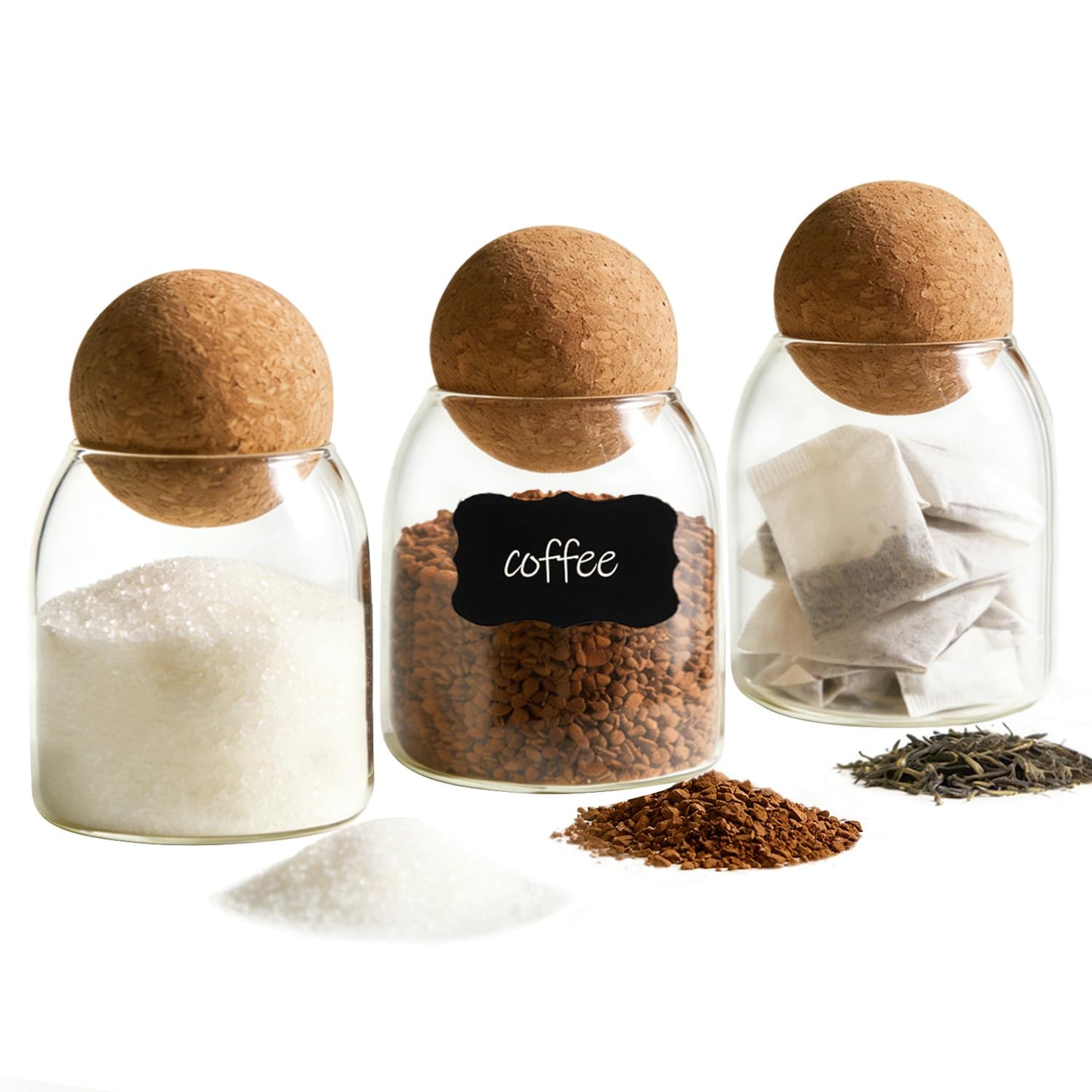 ComSaf 3 Pack 16oz Clear Decorative Glass Jars with Cork Ball Lid - Coffee Bar Kitchen Counter Bathroom Storage, Dishwasher Safe, Glass Canisters for Coffee Sugar Candy Storage - Home Decor & Gifting