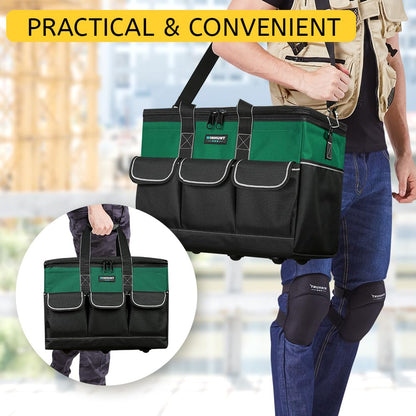 WINHUNT Tool Bag, 19-inch Wide Mouth Tool Organisers, 600 Denier with 6 Interior 8 Exterior Pockets Large Tool Bag for Home DIY & Equipment Storage, Green and Black (19 inch)