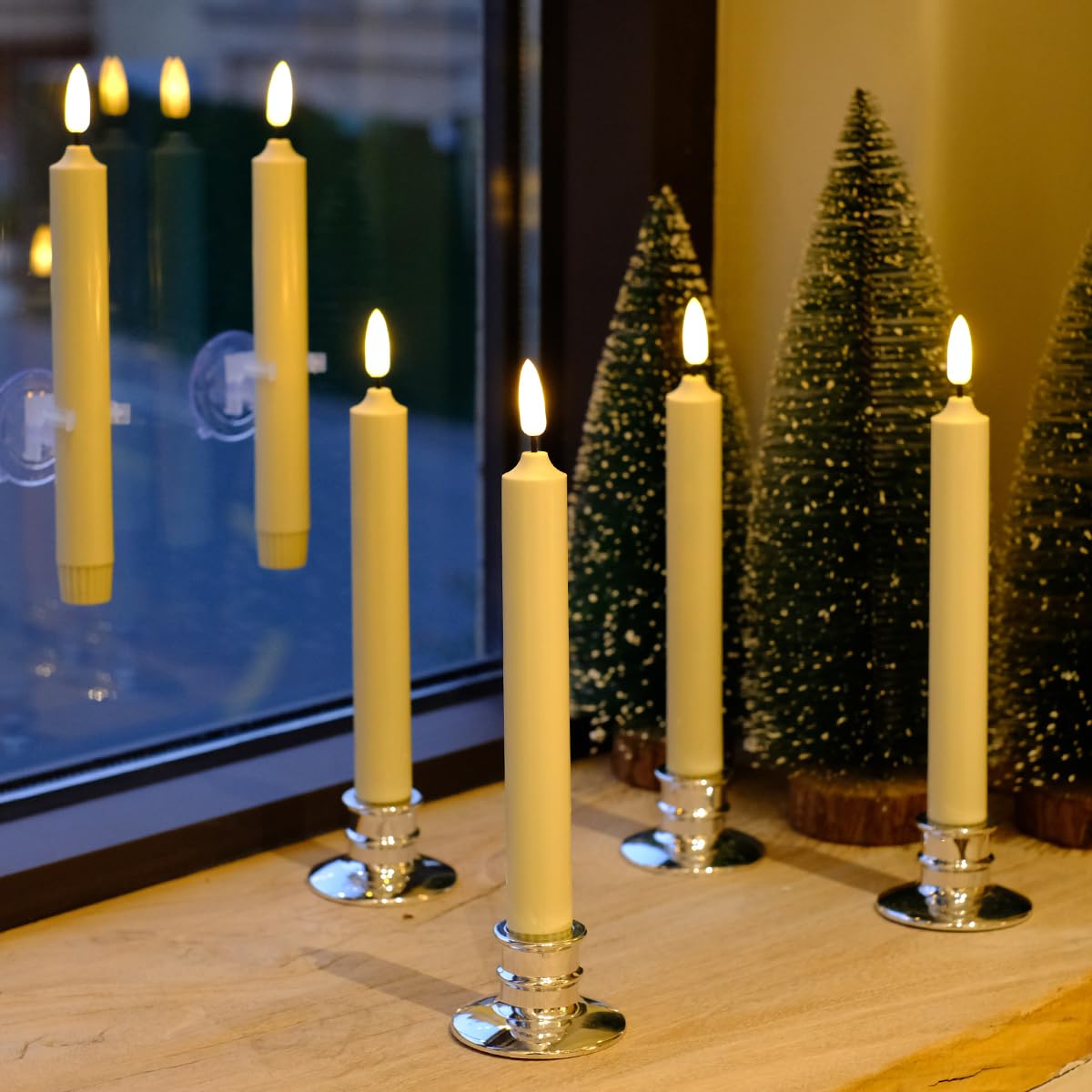 6PACK Flameless Battery Powered 8'' Ivory Taper Windows Candles, Include 12 AA Batteries, with Remote and Timer, with Suction Cup and Removable Silver Candleholders, Remote Included, Patented