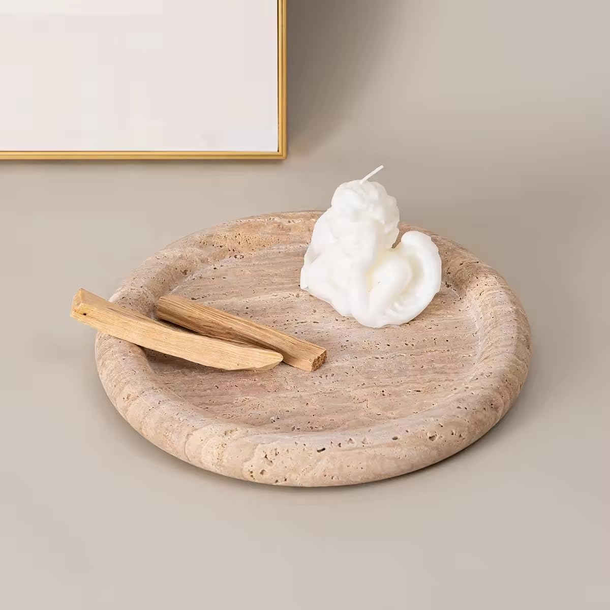 Bursera Luna Travertine Tray, Minimalist Stone Catchall and Decorative Tray for Candles, Jewelry, and Small Objects, Architectural Home Décor Accent, Natural Travertine Stone
