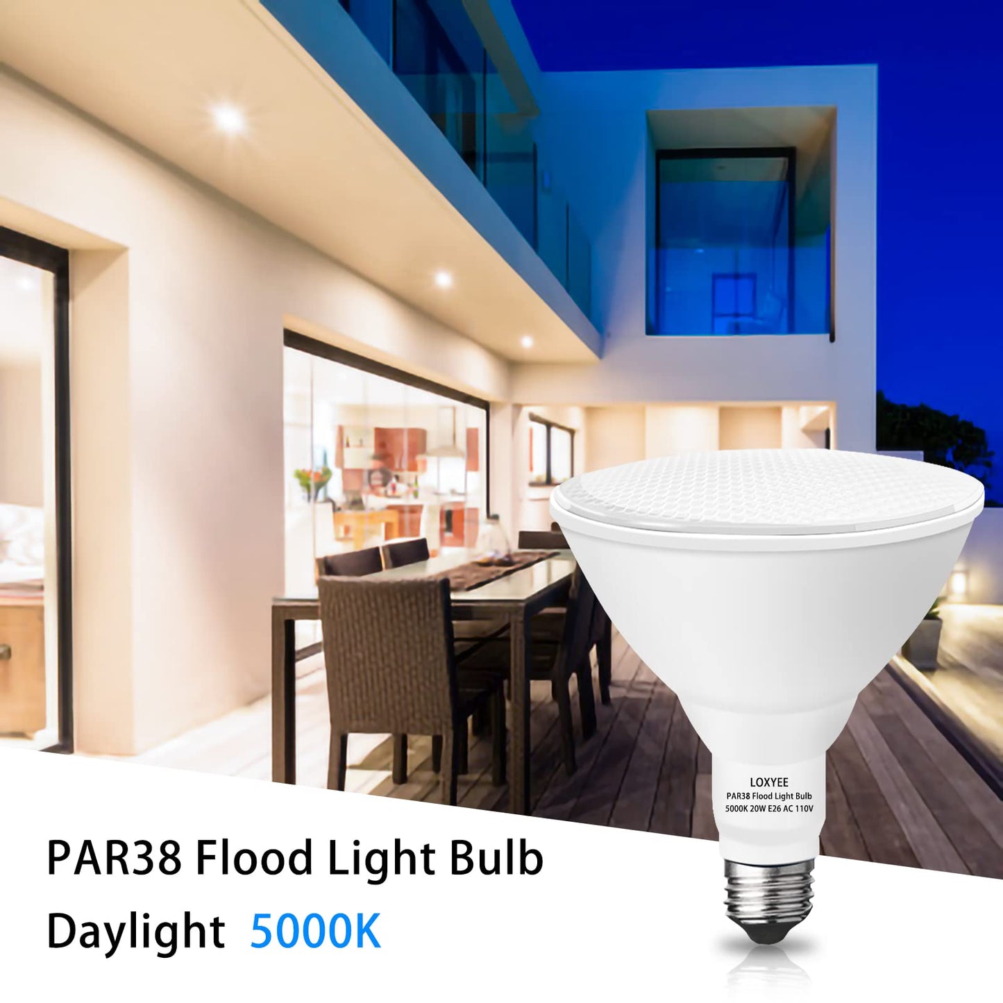 LOXYEE PAR38 LED Outdoor Flood Light Bulbs 4 Pack，Dimmable 20W(200W Equivalent) E26 Base Flood Light Bulbs,5000K Daylight 1800 Lumens LED Flood Light for Outdoor Garden,Garage,Yards