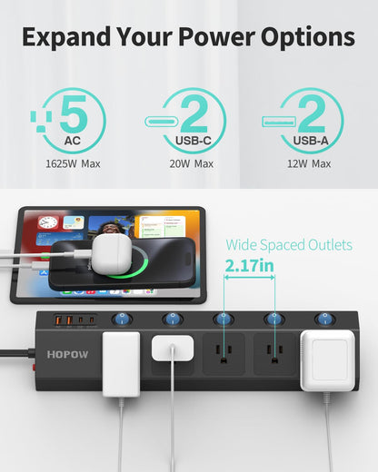 Flat Plug Power Strip with Individual Switches, 10 Ft Ultra Thin Flat Extension Cord, 5-Outlet Surge Protector with 2 USB-C (20W PD) & 2 USB-A, 1700 Joules, Wall Mount for Home Office, Black