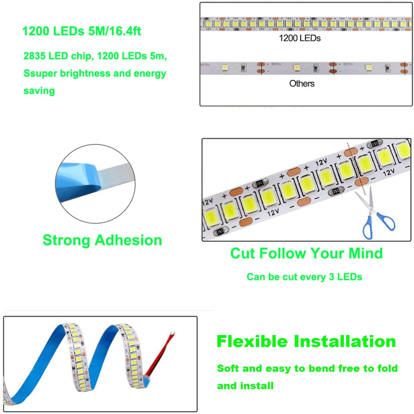 HAASHADA LED Strip Lights, DC12V 5m/16.4ft Dimmable 2835 LED Lights Strip, Super Bright 1200 LEDs 24000LM LED Ribbon Strip Lights Non-Waterproof, 2 Times Brightness Than SMD 5050 (Cool White 6500K)