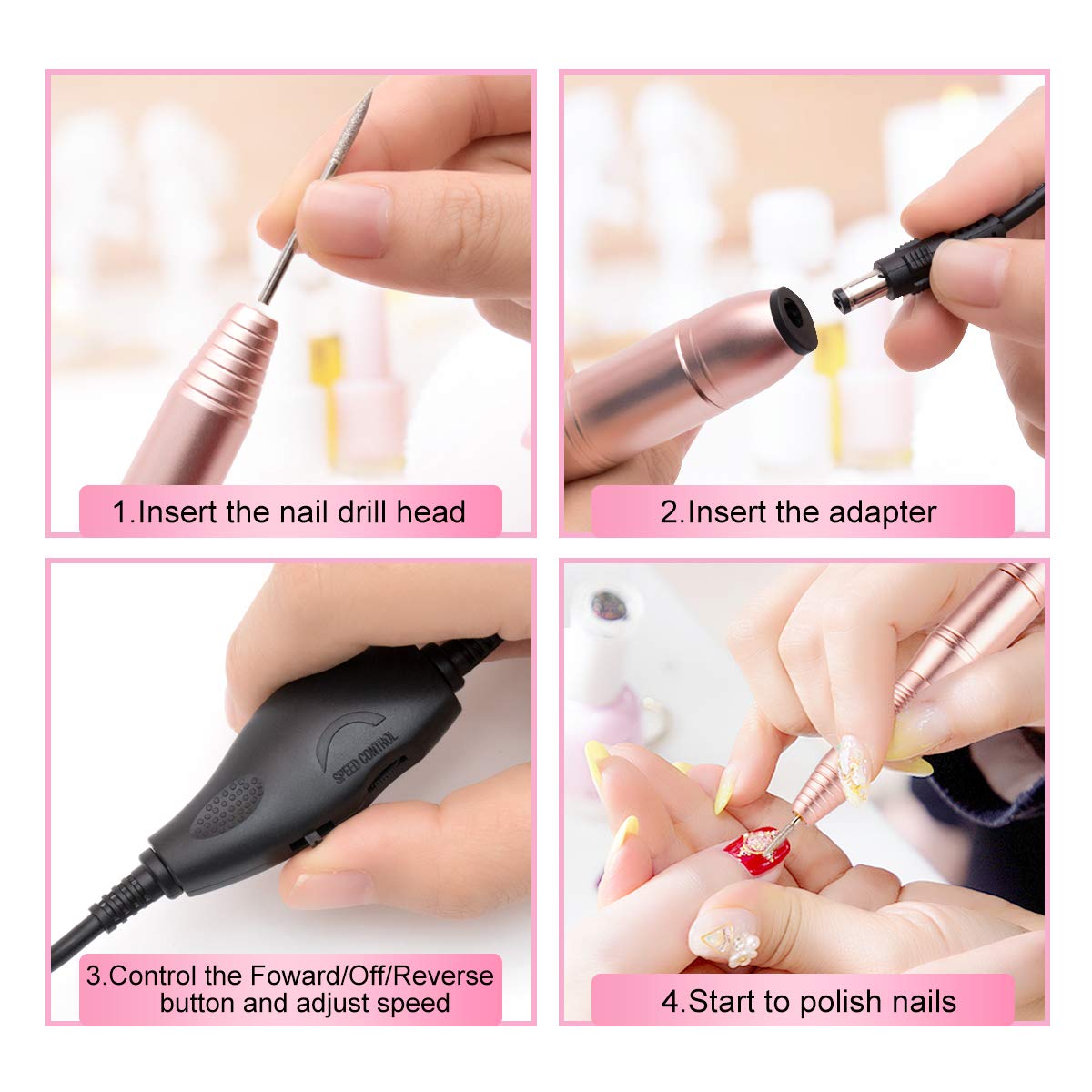 Portable Electric Nail Drill File Machine with Acrylic Nail Kit Set Professional 20000rpm Manicure Pedicure with Sanding Bands Brush for Nail Art Gel Nail Polish Tips Clippers