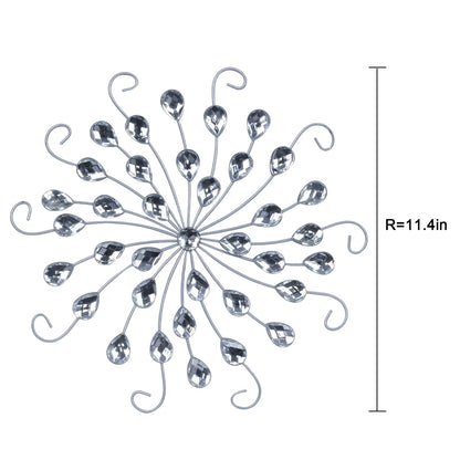 hogardeck Metal Flower Wall Decor, 11" Silver Metal Jeweled Wall Art Bling Crystal Home Décor, Sun Star Burst Rhinestone Wall Hanging Diamond Accents for for Indoor, Outdoor, Living Room, Bedroom