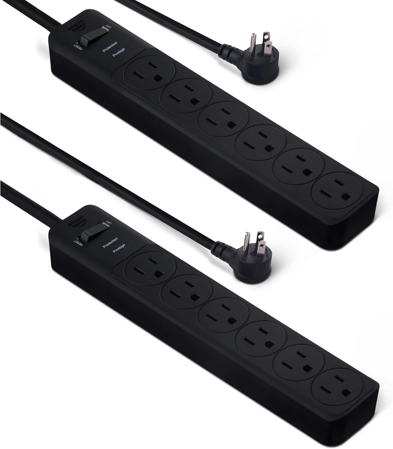 Amazon Basics Rectangle 6-Outlet, 600 Joule Surge Protector Power Strip, 2ft, Small, White, 2-Pack