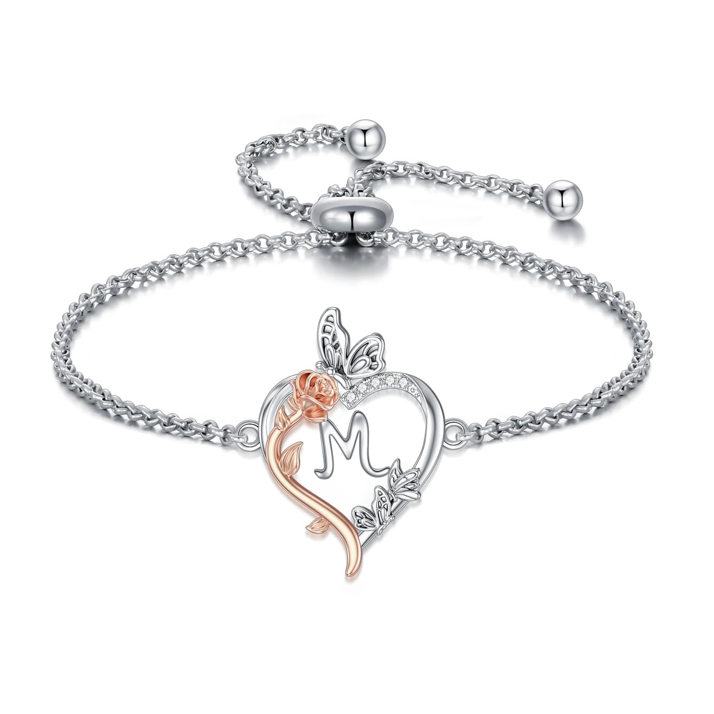TOUPOP Rose Heart Bracelet for Women Sterling Silver Heart Initial M Letter Bracelet Butterfly Love Jewelry Anniversary Birthday Mothers Day Gifts for Mom Wife Her Girlfriend