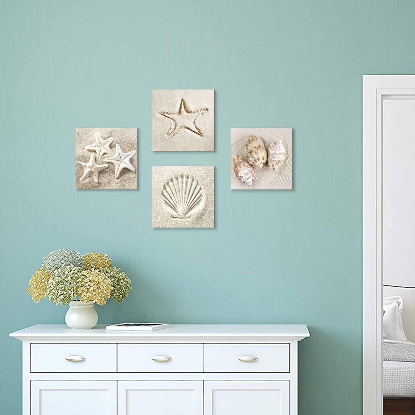 Hardy Gallery Coastal Serene Canvas Wall Art: Shells on Beach Sand Giclee Print Painting for Wall Decor for SPA Room (12''x12''x4pcs)