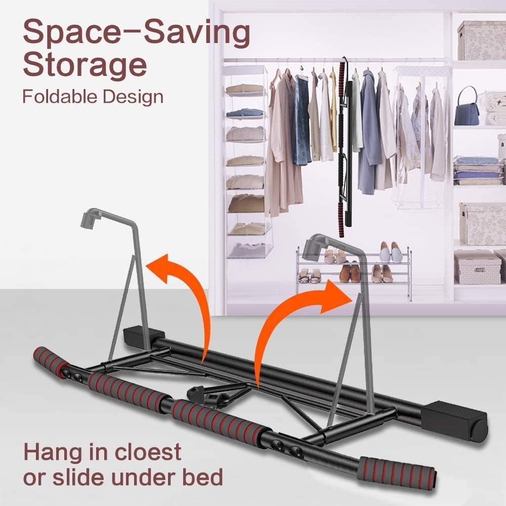 AmazeFan Pull Up Bar, Doorway Mount with Ergonomic Grip - Fitness Chin-Up Frame for Home Gym Exercise, 400 lbs Capacity, Alloy Steel, Foldable - Includes 2 Wrist Straps & Workout Guide