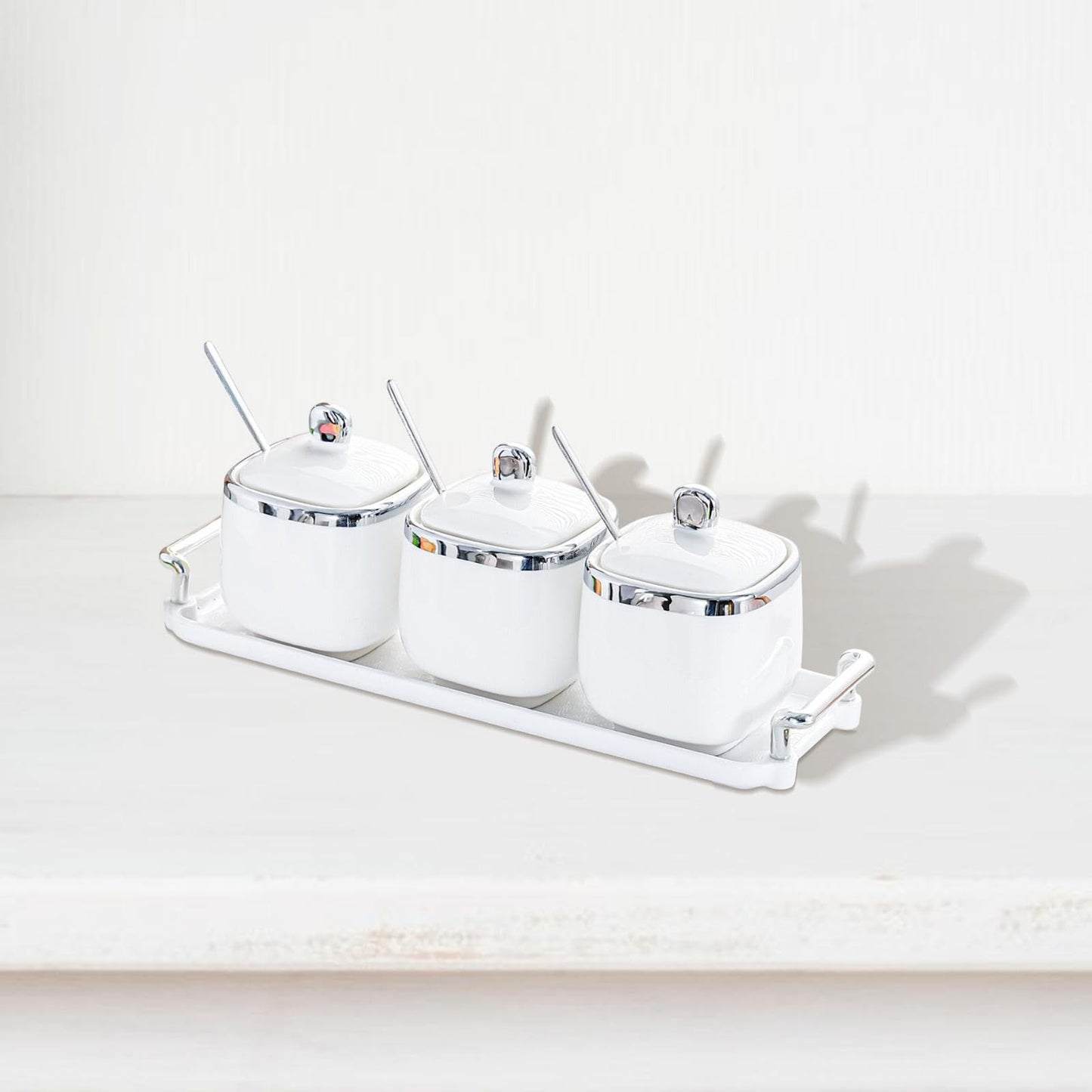 Bothyi Ceramic Condiment Jar Set with Spoon and Iron Tray, 3-Jar Spice Container for Salt Sugar Pepper, Countertop Kitchen Storage