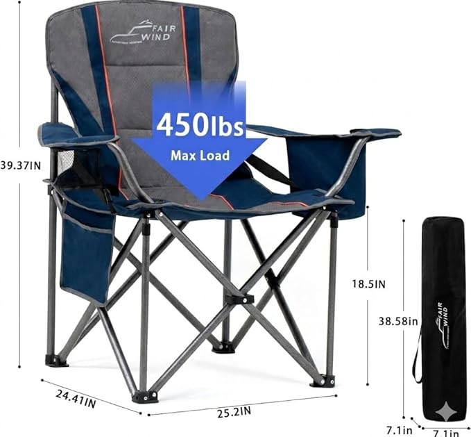 FAIR WIND 2 Pack Heavy Duty Camping Chair, Oversized Padded Folding Chair for Big and Tall (450lbs), Extra Wide Seat with Integrated Cooler & Storage Pocket, Adjustable Lumbar Support for Outdoor