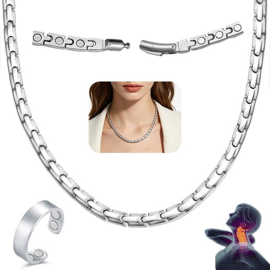 Vicmag Magnetic Titanium Necklace for Men & Women, Titanium Necklace Set with 4X Ultra Strength Magnets Ring, Adjustable Chain & Sizing Tool(Silver)
