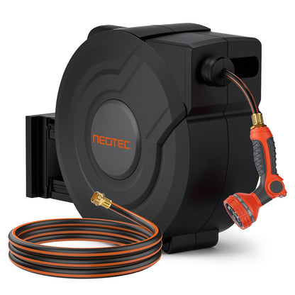 NEOTEC Retractable Garden Hose Reel 5/8 inch x 90ft - Wall Mounted Heavy Duty Hose Reel with 3/4 Inch Brass Fittings & 9-Pattern Nozzle - Auto Rewind System, Any Length Lock, 180° Swivel Bracket