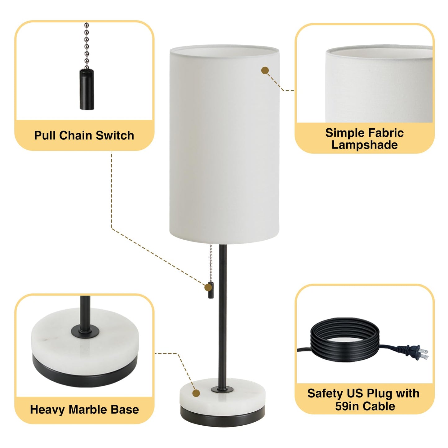 Luvkczc 18" Minimalist Table Lamp Set of 2, Nightstand Lamp for Bedroom Living Room, Modern Pull Chain Bedside Lamp with Marble Base, Fabric Shade, Small Desk Lamp for Home, Office, Reading