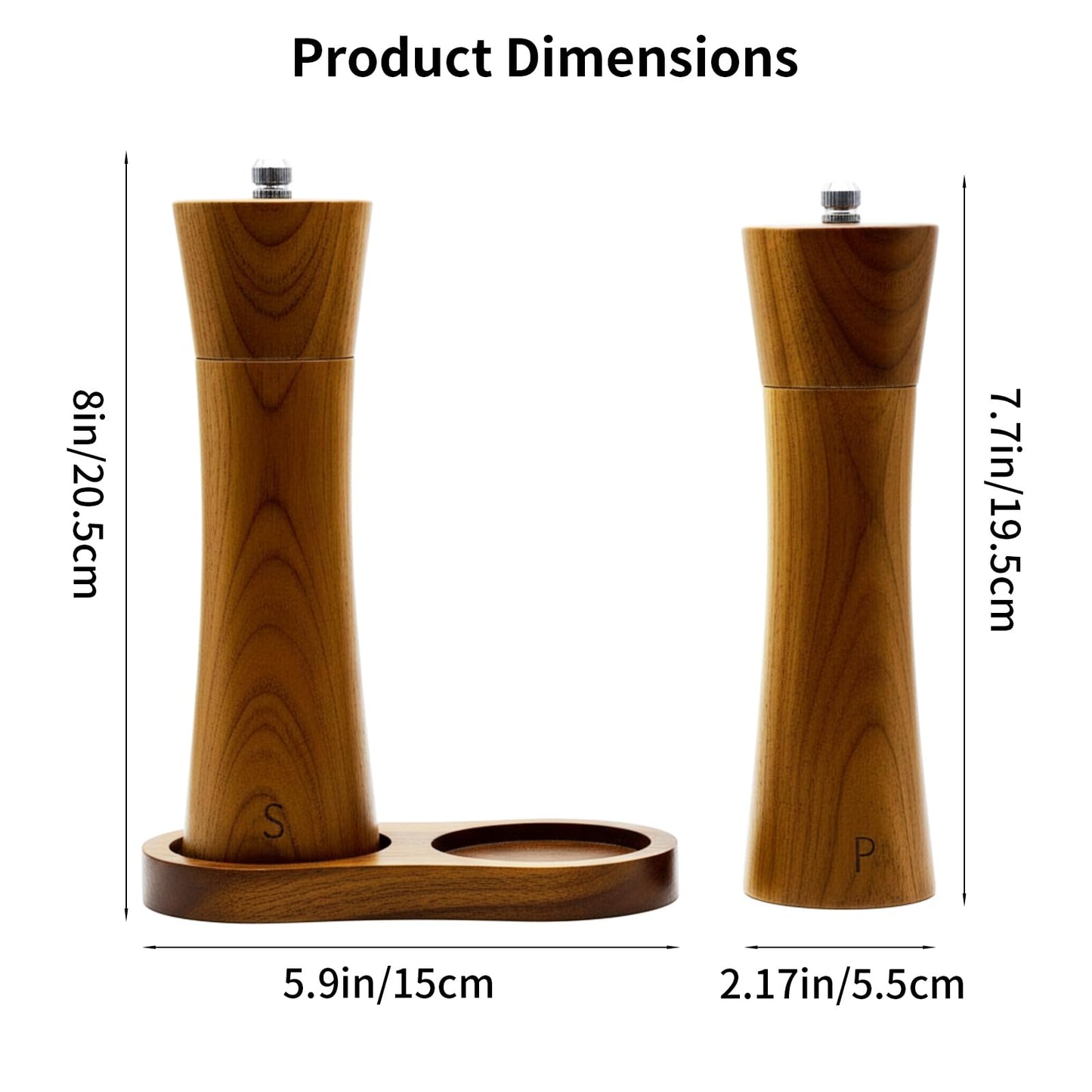 Amestar 2 Pack Acacia Wooden Salt and Pepper Grinder Set, 8.3 Inch Salt Grinder Refillable with Adjustable Coarseness, Manual Pepper Grinder with Ceramic/Stainless Steel Core, Home Essentials
