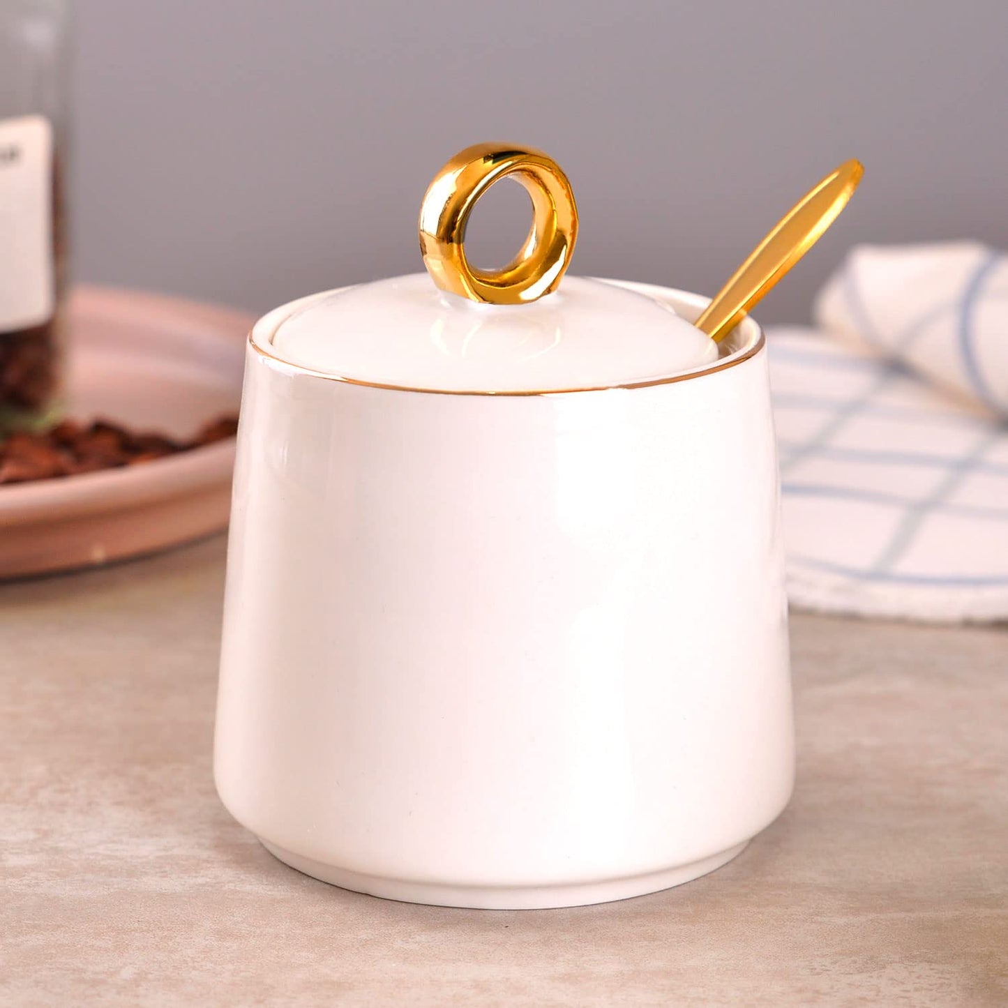 WHJY Ceramic Sugar Bowl with Lid and Spoon, Simple White Clear Porcelain Salt Bowl Salt Container, Modern Spice Box Seasoning Jar for Home and Kitchen Coffee Bar - Green