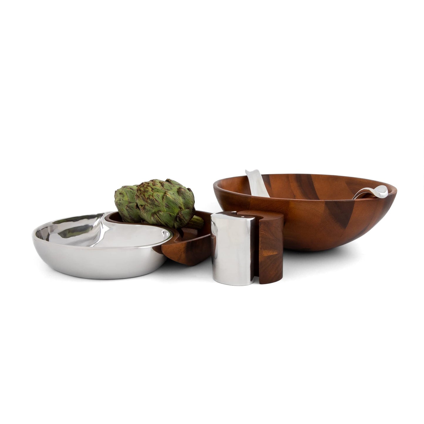 nambe Yin Yang Salt & Pepper Shakers | 2-Piece Set | Kitchen Tool Salt Sugar Spice Pepper Seasoning Bottle | Made of Nambe Alloy and Acacia wood