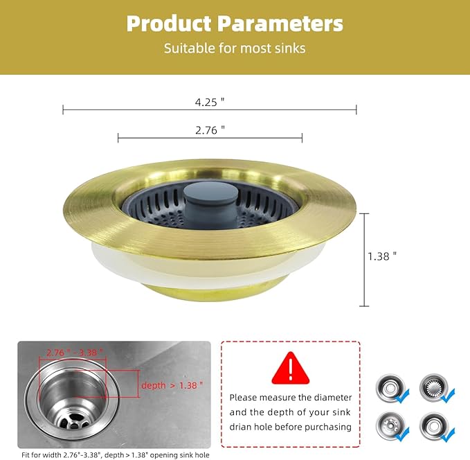 Hibbent Upgraded 3 in 1 Kitchen Sink Drain Strainer and Stopper Combo,