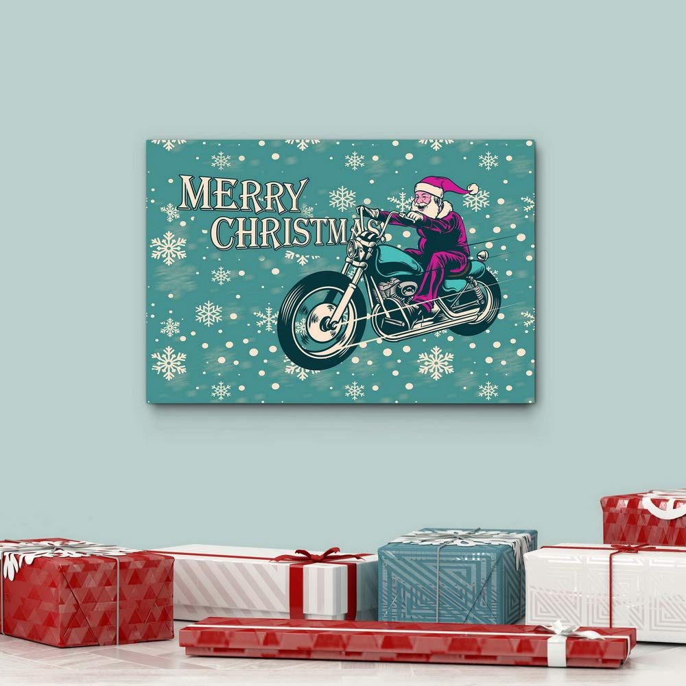 Renditions Gallery Motorcycle Santa Wall Art, Aqua Blue & White Snowflake Design, Funny Christmas Decorations, Premium Gallery Wrapped Canvas Decor, Ready to Hang, 8 in H x 12 in W, Made in America