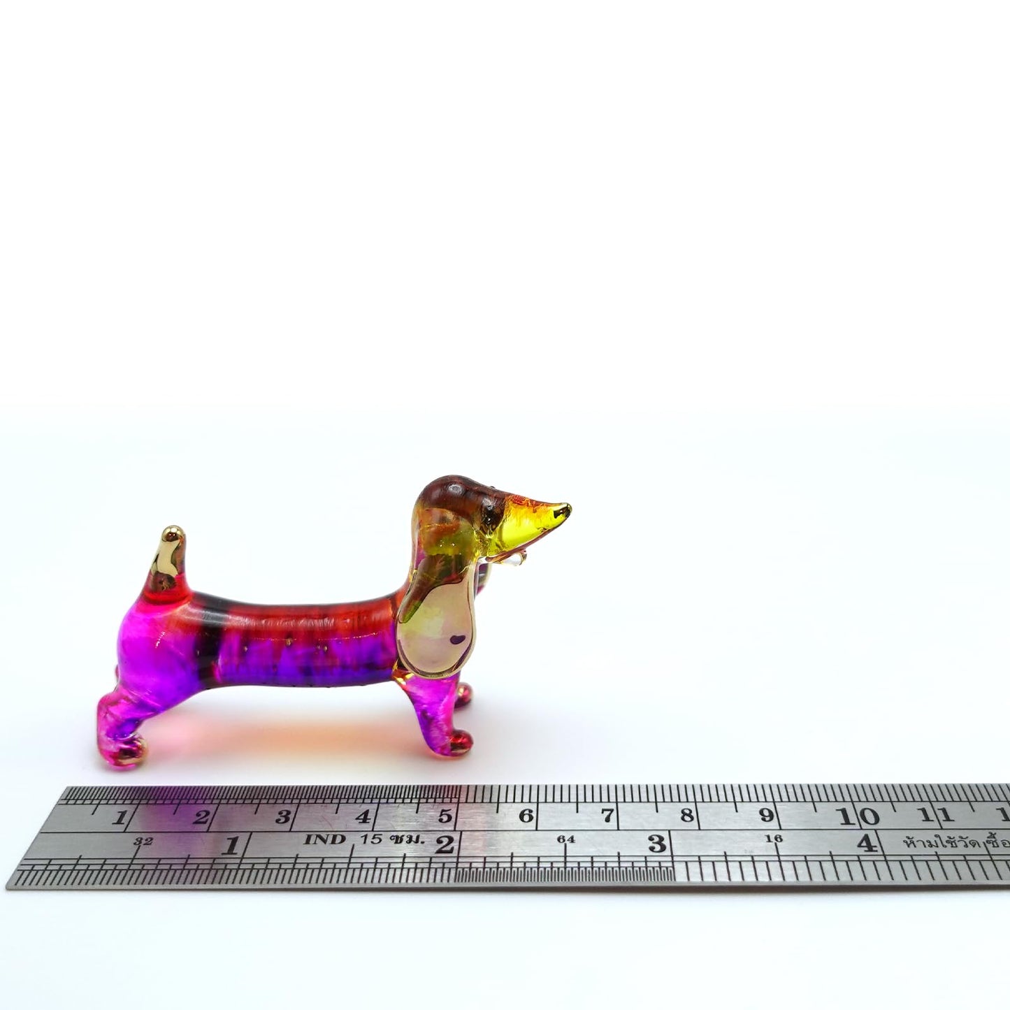 Sansukjai Dachshund Miniature Figurines Dog Animals Hand Blown Glass Art Gold Trim Collectible Gift Decorate (Pink Yellow)