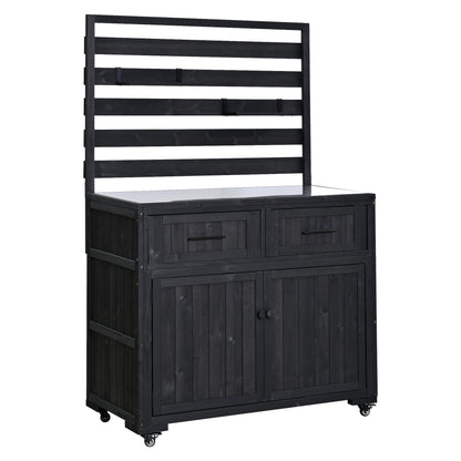 GDFStudio Junlyn Patio Kitchen Island Cart with Storage, Wooden Outdoor Storage Cabinet with Stainless Steel BBQ Prep Table Top, Drawers, Shelves and Lockable Wheels, Garden Potting Bench, Black