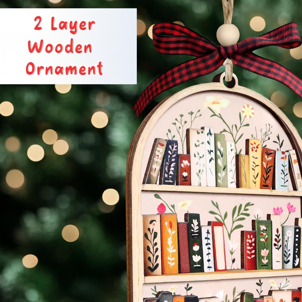 Bookshelf Ornament for Book Lovers 2026 – 2 Layer Wooden Book Ornament – Book Lover Gift for Women Readers – Bookshelf Christmas Tree Decor – Gifts for Book Lovers, Women, Librarian, Nerd, Bookish