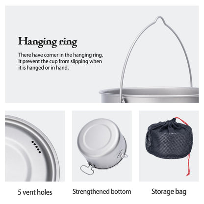 iBasingo 3-Piece Titanium Pot Set (1.3L+1.95L+2.9L) with Lids Ultralight Camping Cookware for Backpacking, Hiking & Outdoor Cooking, Nesting Backpacker Pots with Measurement Marks Ti2056C