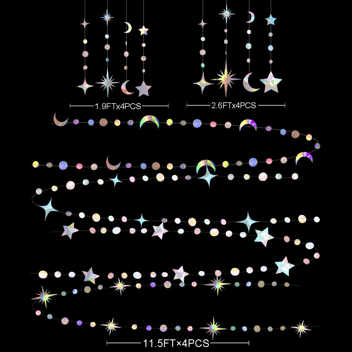 Iridescent Star Moon Circle Dot Garland Party Decoration Kit Hanging Crescent and Twinkle Little Star Streamer Bunting Banner for Kids First Birthday Ramadan EID Mubarak Baby Shower Wedding Decor