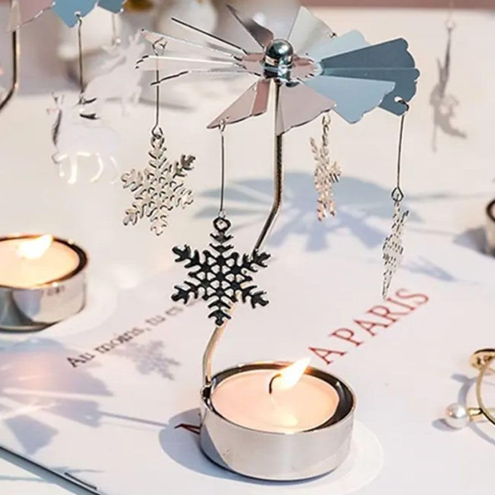 Rotating Candle Holder, Romantic Metal Tealight Candlestick Spinner Carousel Candle Tea Light Holder for Christmas Home Decor(Snowflake,Gold)