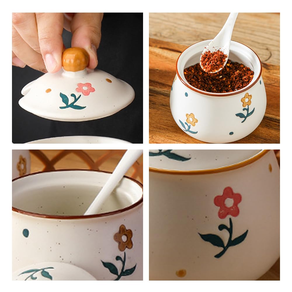 Lifenanny Sugar Bowl with Lid and Spoon, 300ml Floral Ceramic Condiment Jars Pots 10 OZ Spice Container Seasoning Canisters Box for Kitchen Coffee Bar, Yellow Flower