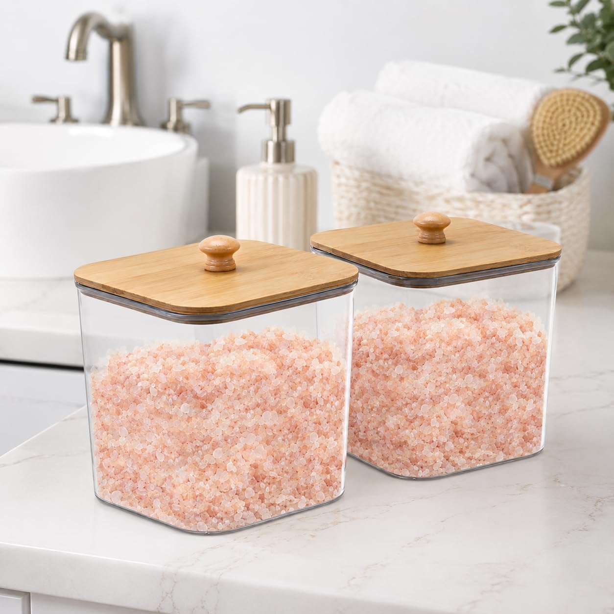 Yomjarl Bath Salt Container,2 Pack Clear Plastic Storage Bathroom Canisters with Wooden Lids & Handle,Airtight Bath Salt Dispenser Jars for Bathroom Organization Accessories,Bathtub Decor Box