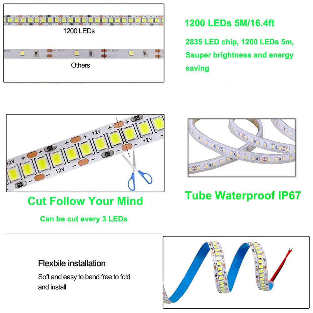 SUYOOULIN LED Strip Lights, SMD 2835 LED Strip, DC12V 1200LEDs 16.4Ft 26000LM High Density LED Light Strips Tube Waterproof IP67, 3 Times Brightness Than SMD3528 LED Strip, Pink