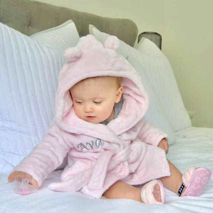 Hoolaroo Personalised Baby Dressing Gown Baby Dressing Gown Robe With Teddy Ears Bath Robe Towel Personalised Gifts Girl Boy Clothing Pink 12-18 Months
