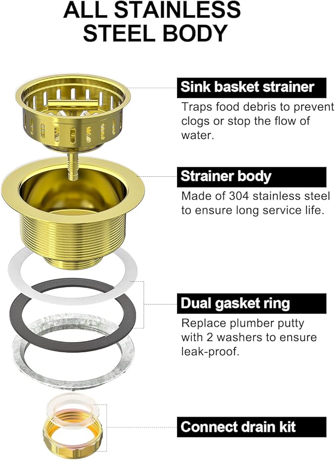 BOTEMY B9171 Gold Kitchen Sink Drain Kit 3 1/2 Sink Strainer