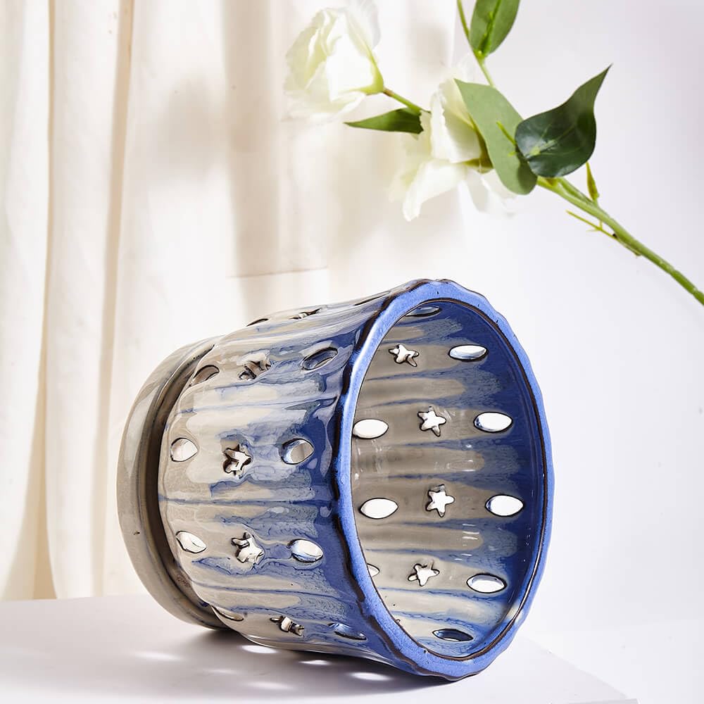 NiSevenLiving Orchid Pots with Holes Attached Saucers 6 Inches - 1 Pcs Small Ceramic Pots for Repotting, Decorative Ceramic Orchid Planter with Hole for Healthy Root Growth Blue Over White