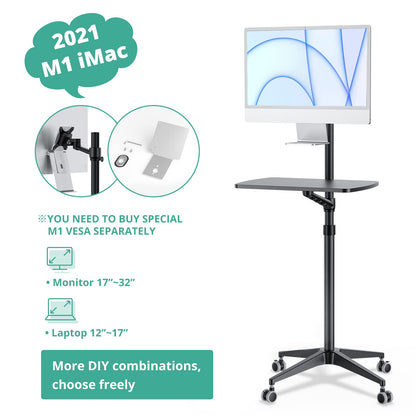 Viozon Mobile Desk,Mobile Workstation,Mulitiuse Rolling Laptop Floor Stand,34"-48.6" Height Adjustable,Compatible with 17"-27" Monitor&12"-17" Laptop,21"×14" Desk,Maxload 17.6lbs,4 Lockable Wheels B