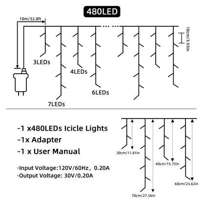 BYIZO Christmas Outdoor Icicle Lights - 480 LED 66+33 FT 8 Modes Curtain Fairy String Light Plug in, Waterproof for Eaves Yard Holiday Xmas Holiday Indoor Outdoor Decoration - Warm White