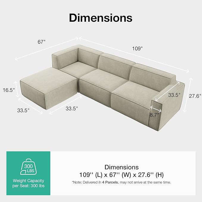 Novilla 109" Modular Sectional Sofa, No Assembly Cloud Sectional Couch