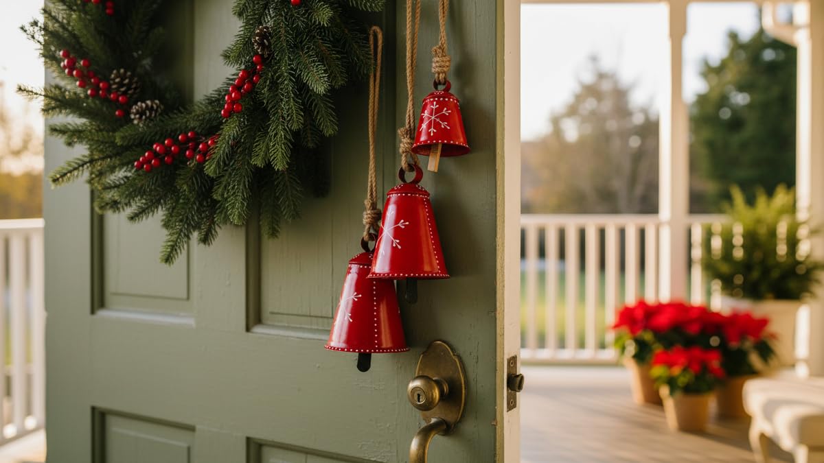 Christmas Bells Rustic Decor Christmas Big Ornaments Handcrafted Hanging Bell Home Decor Bells Set of 3 (Red)