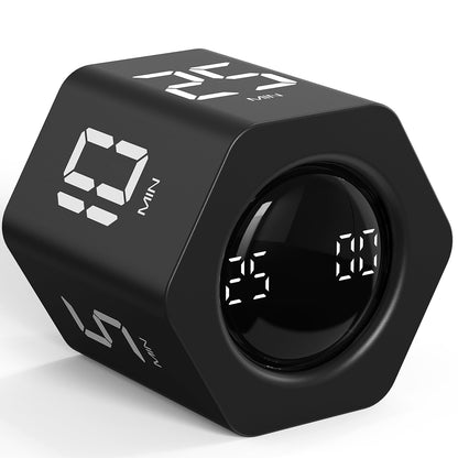 Rotating Pomodoro Timer 5, 25, 10 30,60 Mins Preset Stopwatch, Desk Flip ProductivityTimer, ADHD Tool Hexagon, Vibration/Mute/Alarm, for Work, Study, Back to School, Kitchen, Black